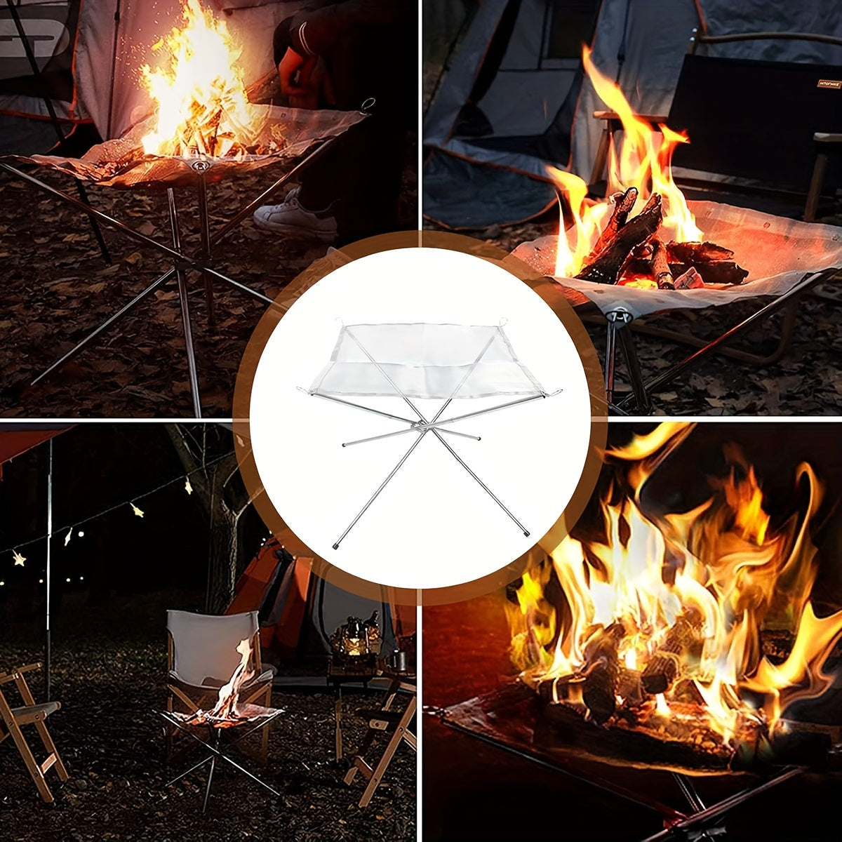 Portable Campfire Pit Grill made of stainless steel with a collapsible fire stand for camping, picnic BBQ. Includes a log carrier holder and carrying case.