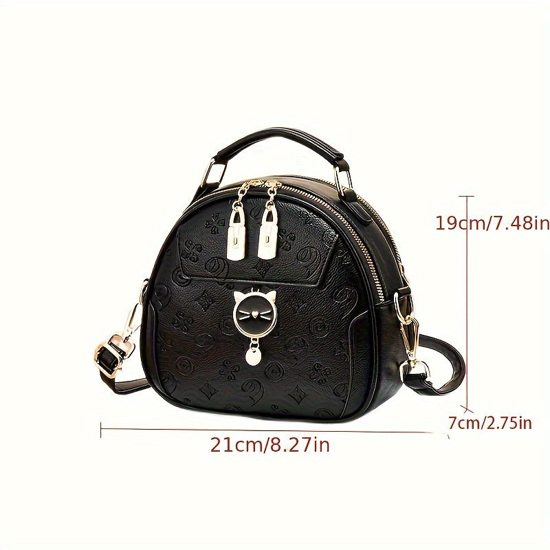 Trendy black round crossbody bag with adjustable strap, golden-tone hardware, "LOVE" design, zipper closure. Ideal for casual outings and commuting.