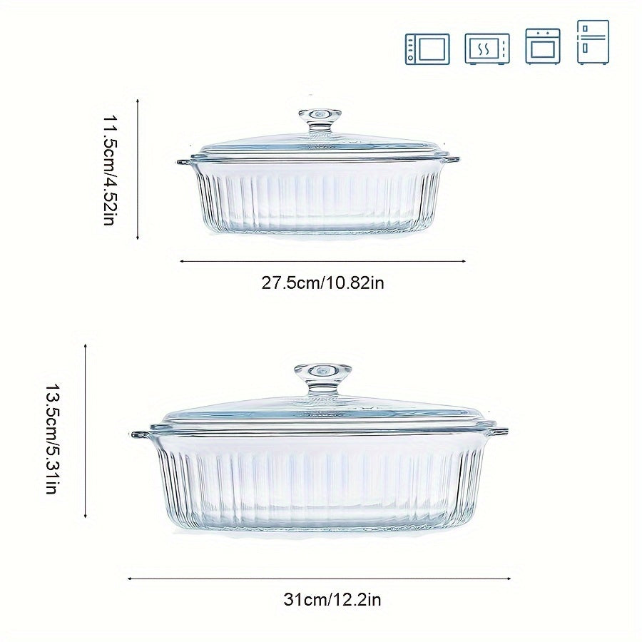 Oval clear glass casserole dish with lid and handles, versatile for microwave, oven, and dishwasher use - ideal for preparing fish, salads, and pasta.