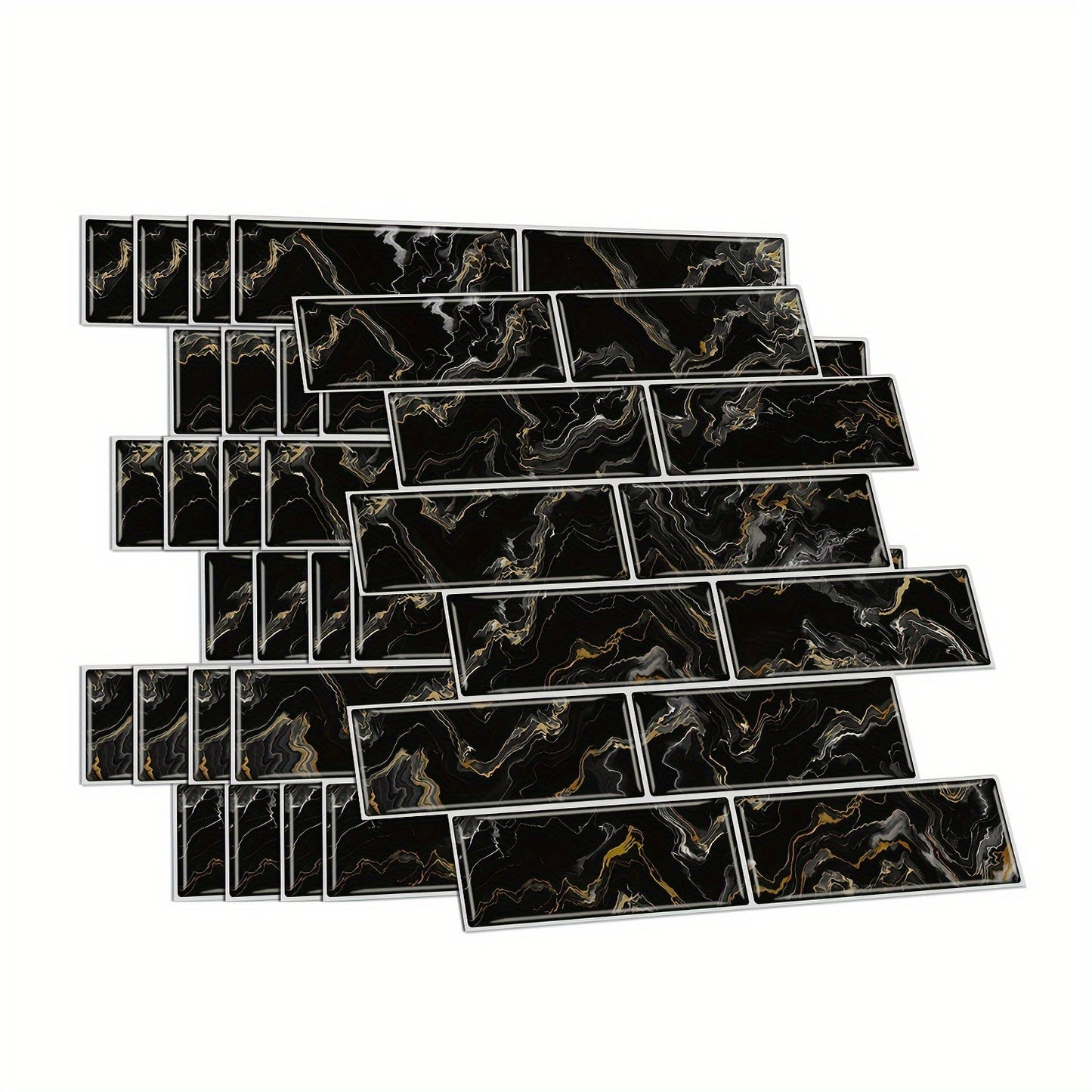 Each set includes 12 pieces of peel and stick black and golden quicksand brick pattern mosaic marble tile stickers. These 30.48 cm x 30.48 cm 3D self-adhesive wall tile stickers are waterproof and moisture-proof PVC stickers perfect for decorating