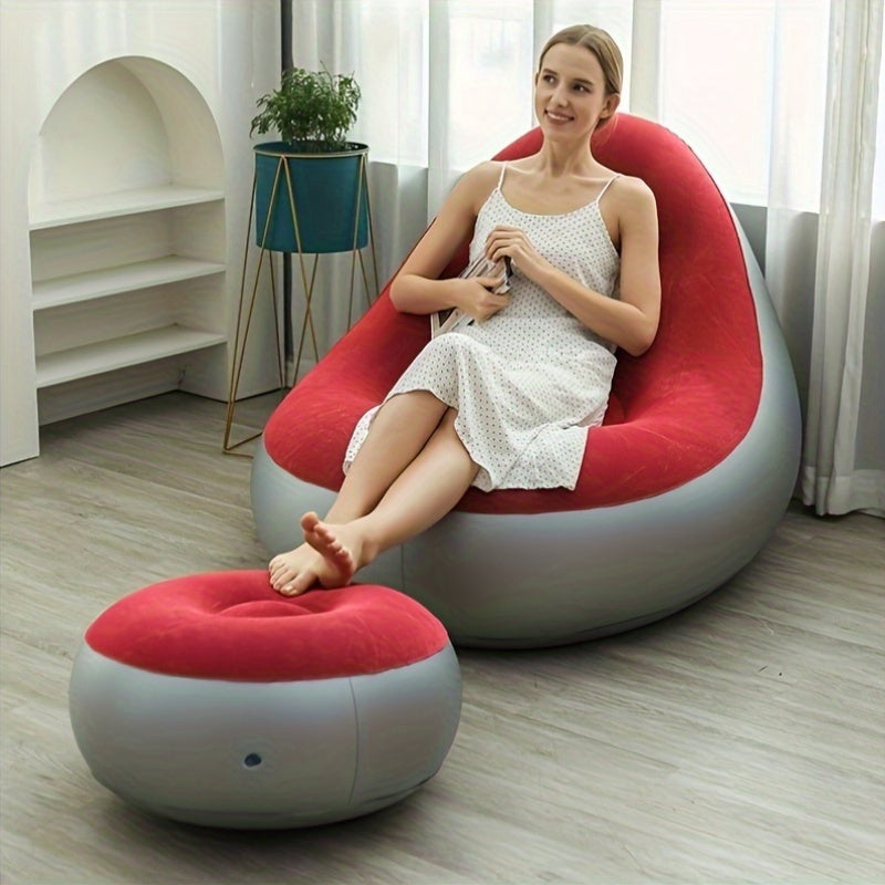 Grey Velvet Portable and Foldable Plush Inflatable Sofa with Footstool for Single Person - Perfect for Indoor and Outdoor Sunbathing, Suitable for Various Room Styles - Inflatable Furniture.