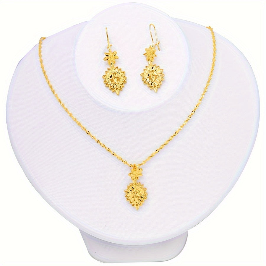 Leaf Design Earrings and Necklace Set with 22K Gold Plating, Perfect for Weddings and Formal Occasions, Offering a Minimalist Style that Mimics High-end Luxury Jewelry