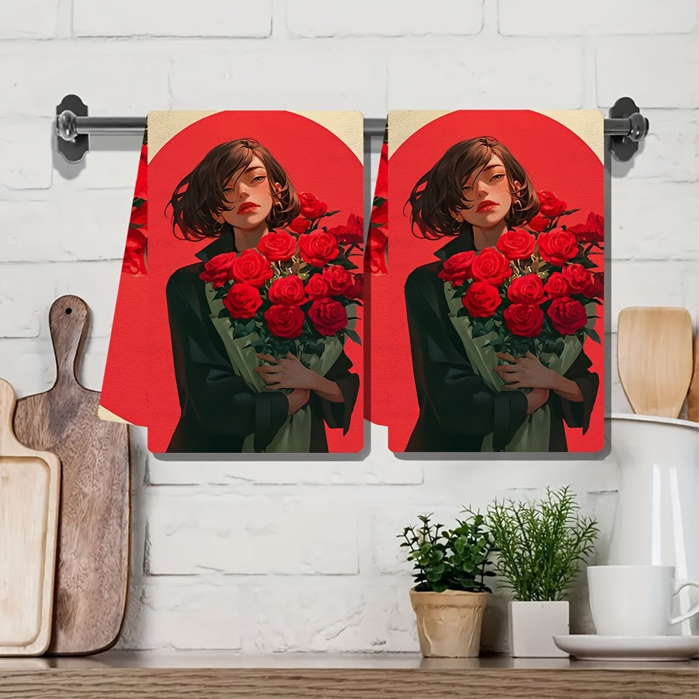 This set includes 2 luxurious kitchen towels adorned with a beautiful rose bouquet symbolizing my heartfelt affection. They are highly absorbent dish and hand towels that are ideal for holiday décor. They are also machine washable, measuring 40.64X60.96