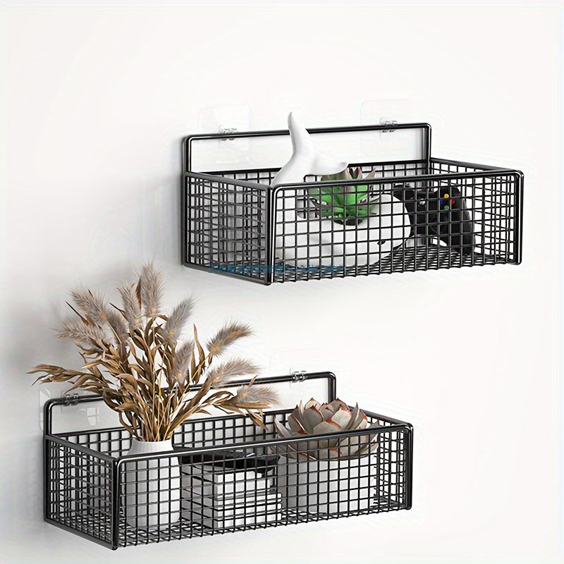 Simple-install shower caddy with cast iron mesh drain rack for bathroom organization and wall-mounted hanging shelf.