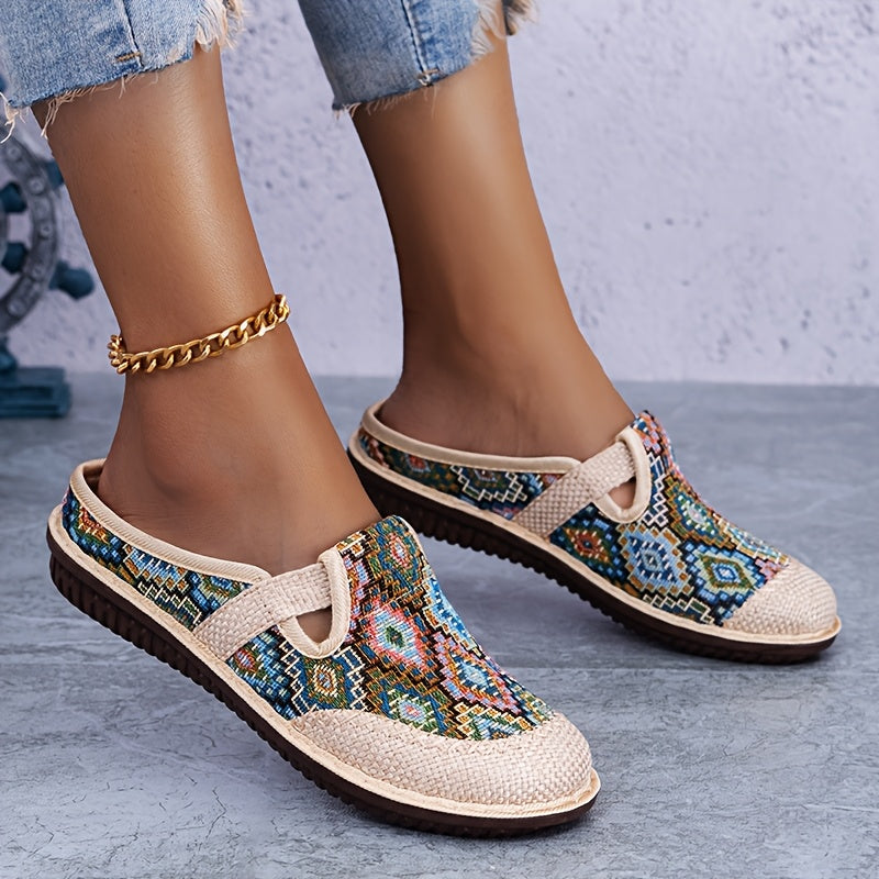 Stylish geometric print mules with embroidered details, closed toe, and non-slip sole for comfortable daily wear.