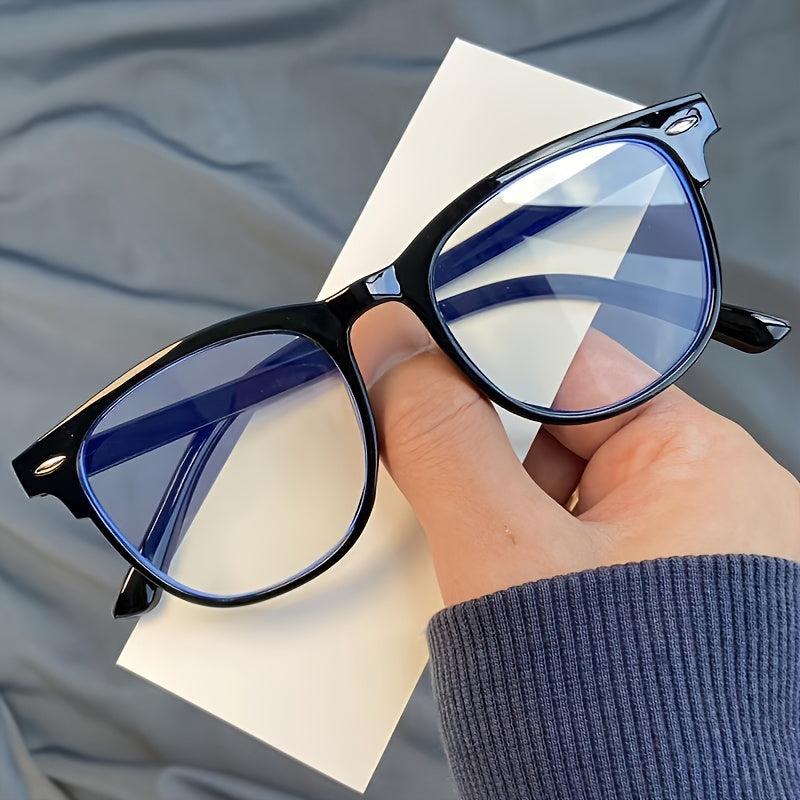 Square blue light blocking glasses with a black frame and blue-tinted arms. Made of durable PC material. Suitable for casual, school, and business use. Comes with a protective case. Ideal