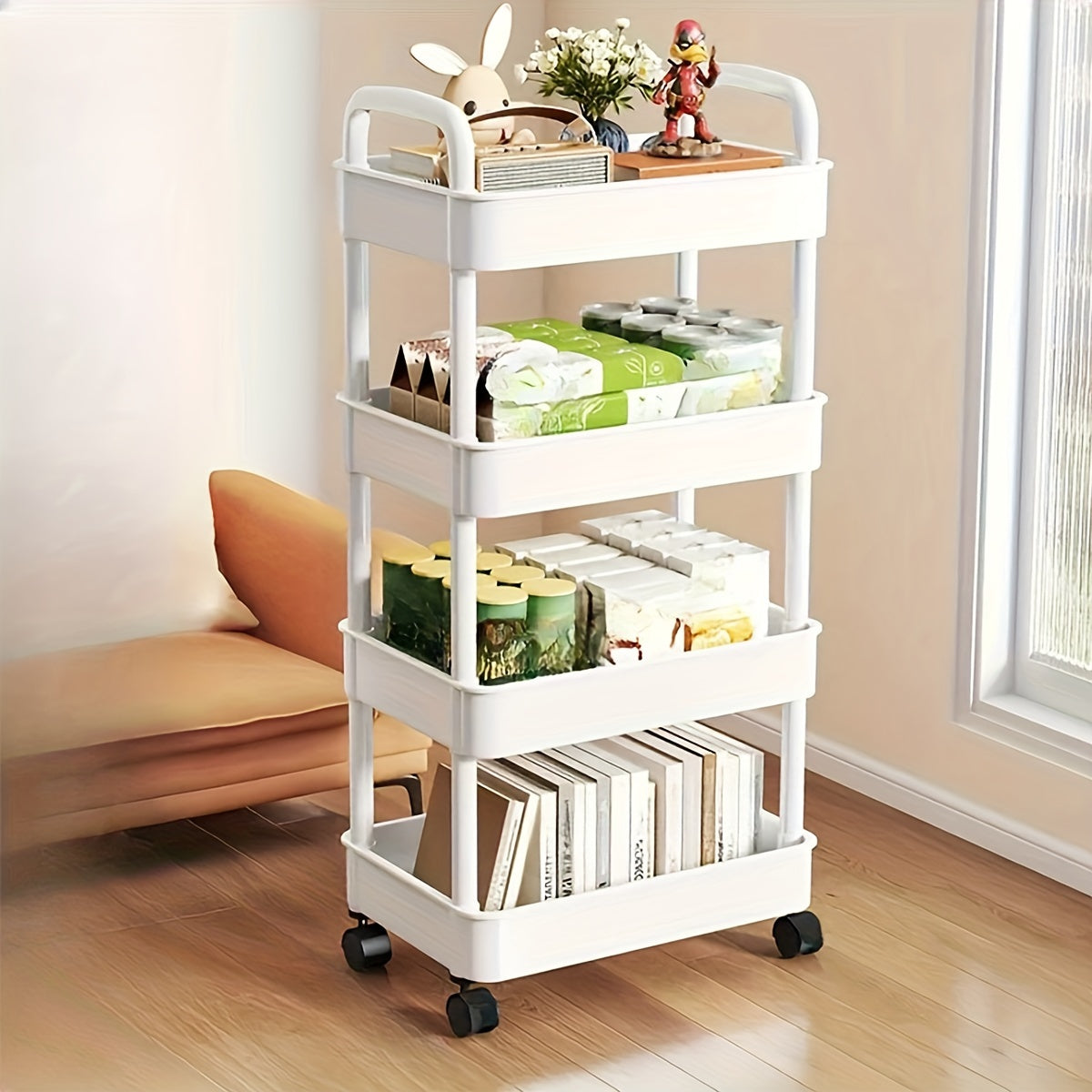 Multi-purpose Rolling Cart with Wheels - Ideal for Storing Snacks, Books & Essentials in Bedroom, Living Room, or Bathroom