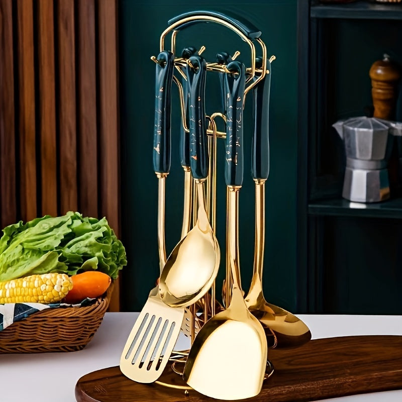 Set of seven pieces of stainless steel kitchenware, consisting of essential kitchen supplies.