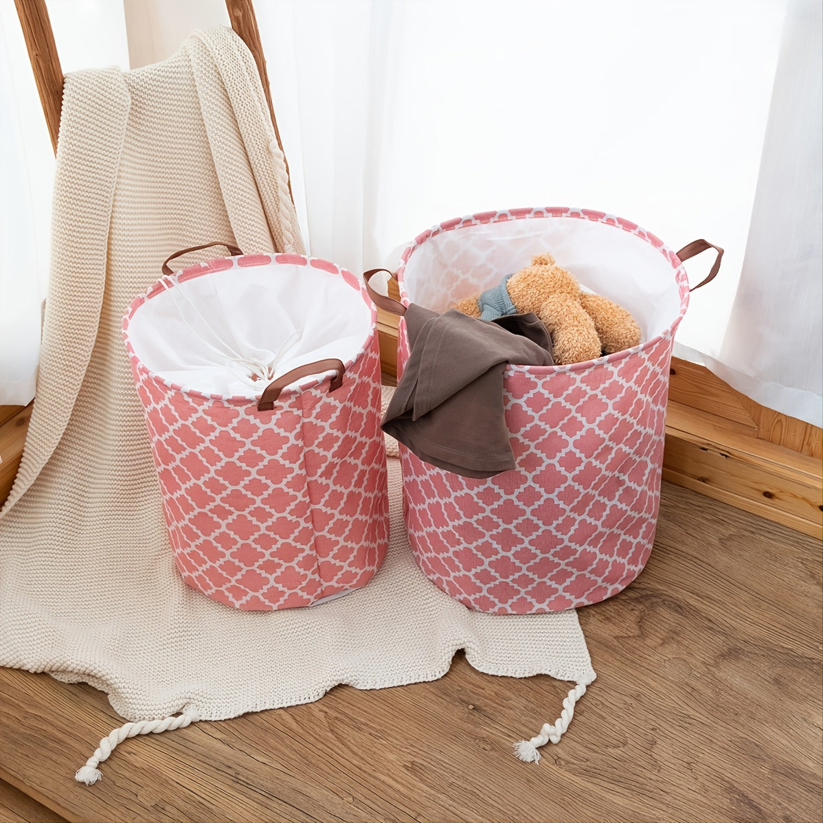 Retro-style fabric laundry hamper with lid, waterproof and multifunctional. Perfect for clothes and sundries organization in your home.