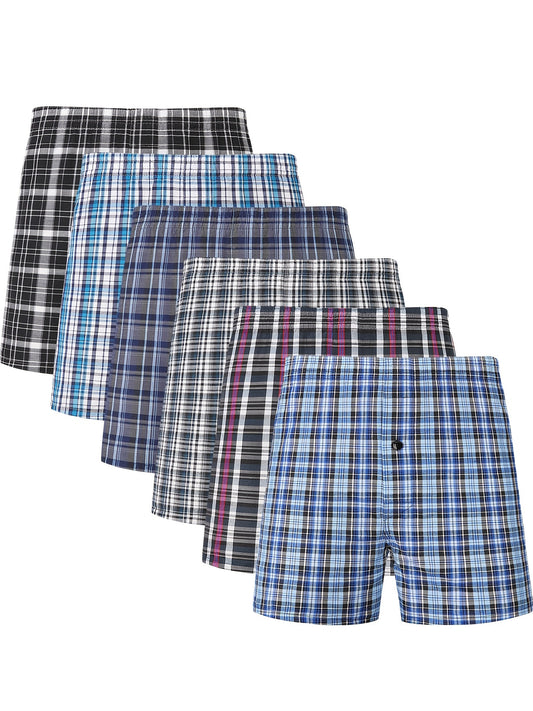 6 JupiterSecret Men's Plaid Boxer Shorts with elastic waistband and button detail.