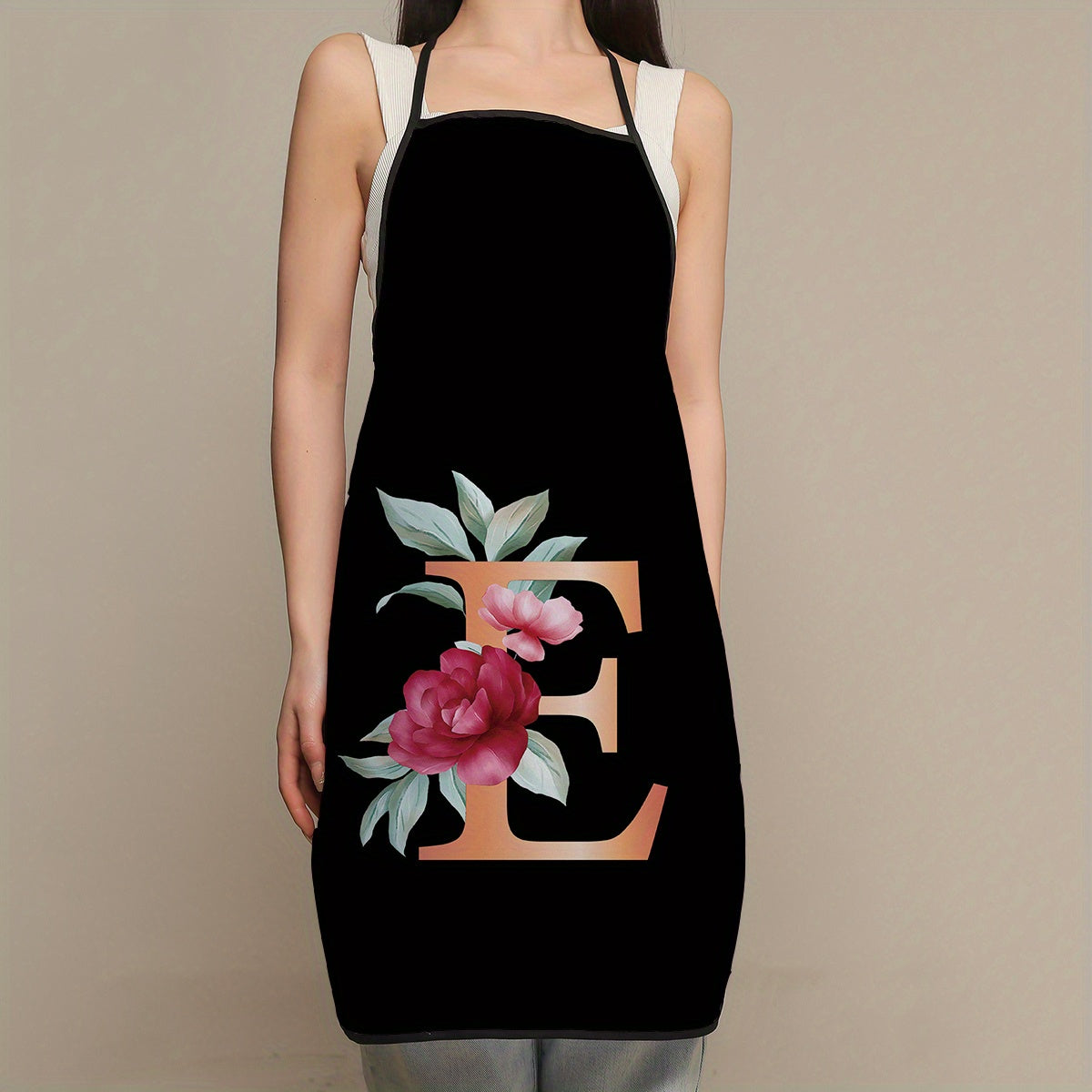 Women's flower and letter printed polyester apron - waterproof, thickened, and cute for household and kitchen use.