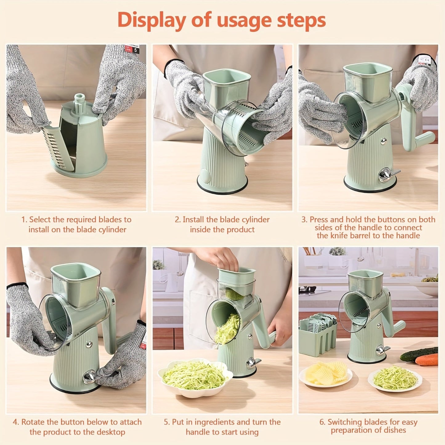 Made of durable plastic, this multi-functional 5-in-1 mandoline vegetable slicer is also a rotary cheese grater, dicer, shredder, and food processor. It comes with interchangeable blades, a safety hand guard, and a convenient storage drawer.