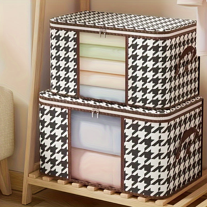 Chic houndstooth linen storage box with dustproof zippered design and clear viewing window for organizing car interior accessories and home items.