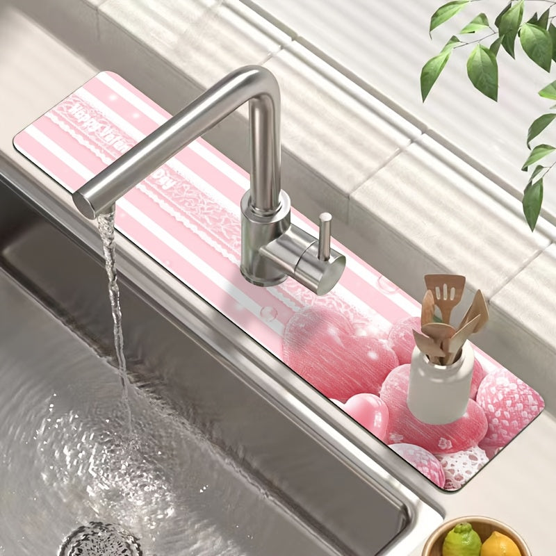 Pink Striped Love Faucet Mat - Perfect for Valentine's Day! Made from durable polyester, this moisture-proof and absorbent drain pad is ideal for use in the kitchen or bathroom. Features a diatom mud suction cup design for extra grip.