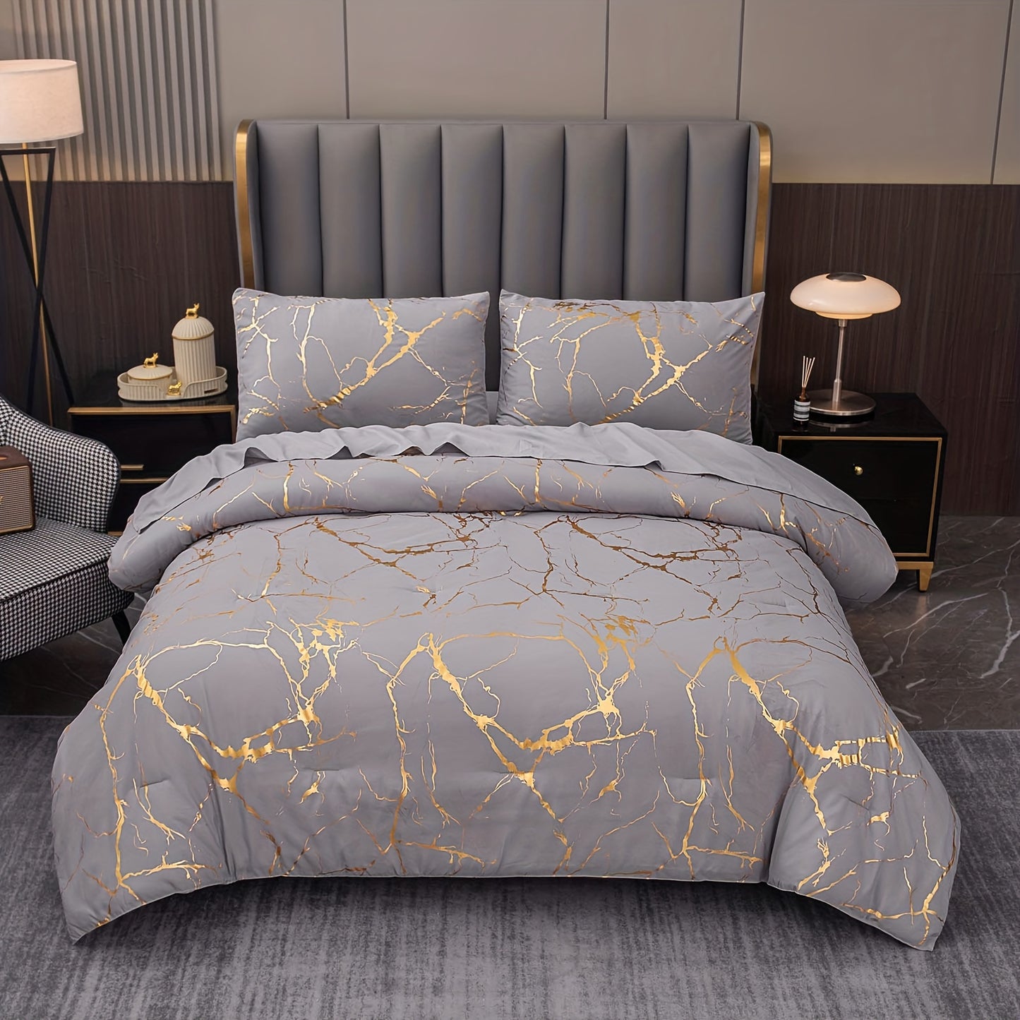 2/3 piece luxury comforter set with bronzing marble print. Soft, comfortable, and skin-friendly for bedroom or guest room. Includes 1 comforter and 1 or 2 pillowcases without core.