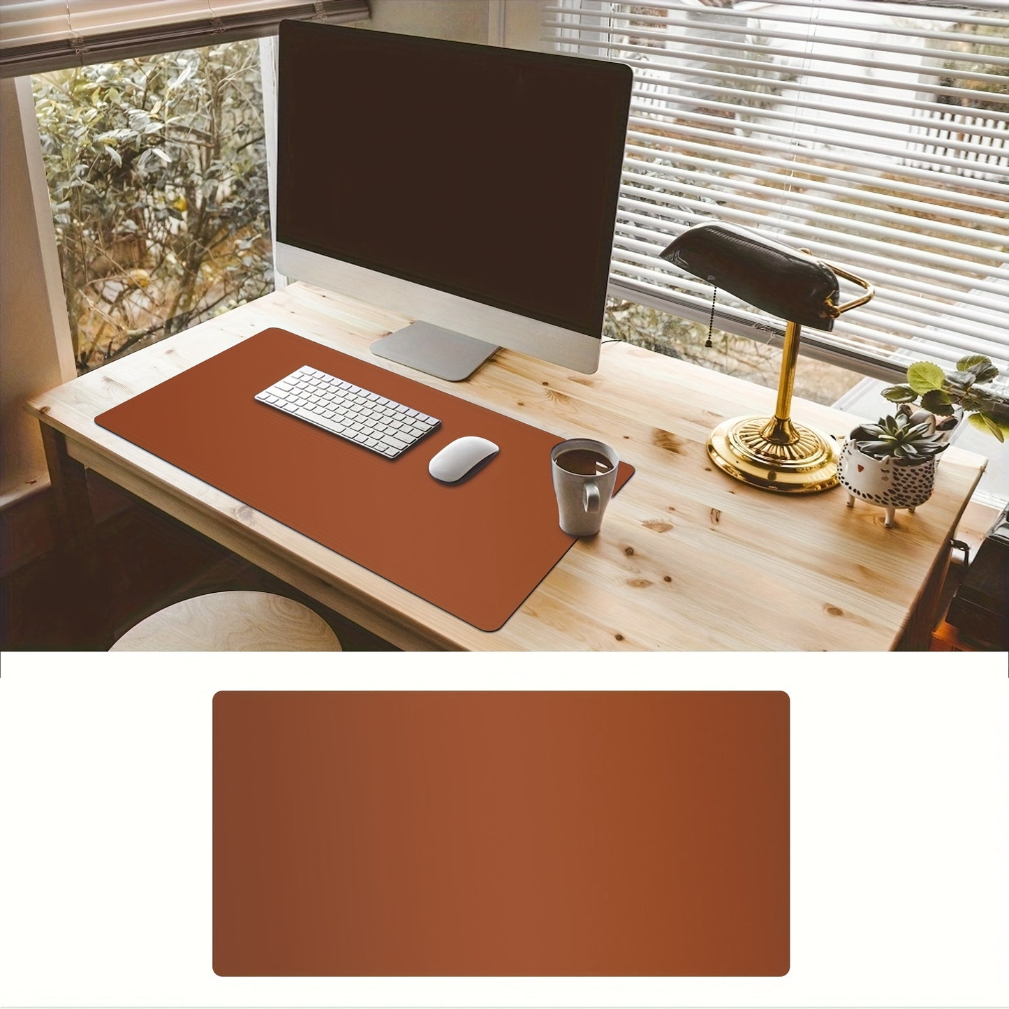 Non-slip PU leather desk pad for office and home use. Water and oil resistant, suitable for writing and using laptop and mouse. Available in two sizes.