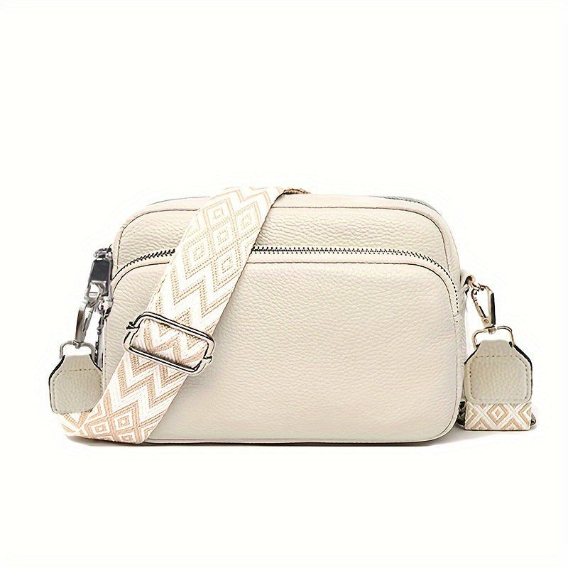 Women's stylish crossbody bag in deep brown, cream white, or black. Features zipper closure and polyester lining.