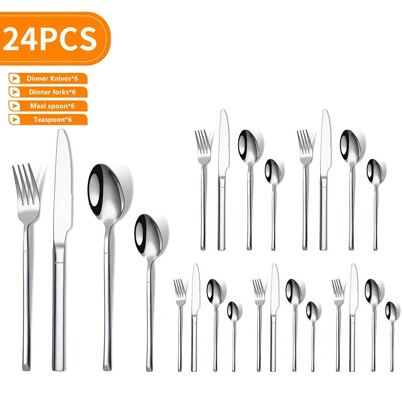 24-piece stainless steel knife, fork, and spoon set, including steak knives. Safe for dishwasher. Ideal for home kitchen.