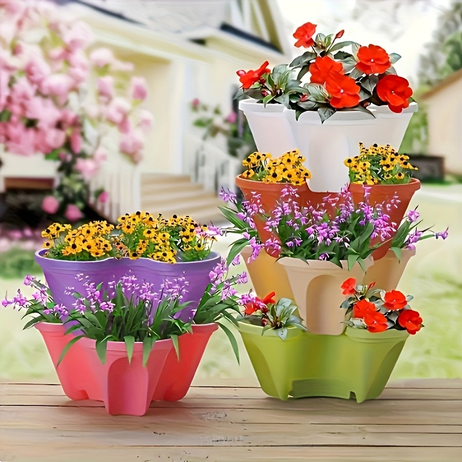 6-Layer stackable flower pots made of durable plastic with wheels and tools for indoor or outdoor gardening. Suitable for flowers, herbs, strawberries, and vegetables.