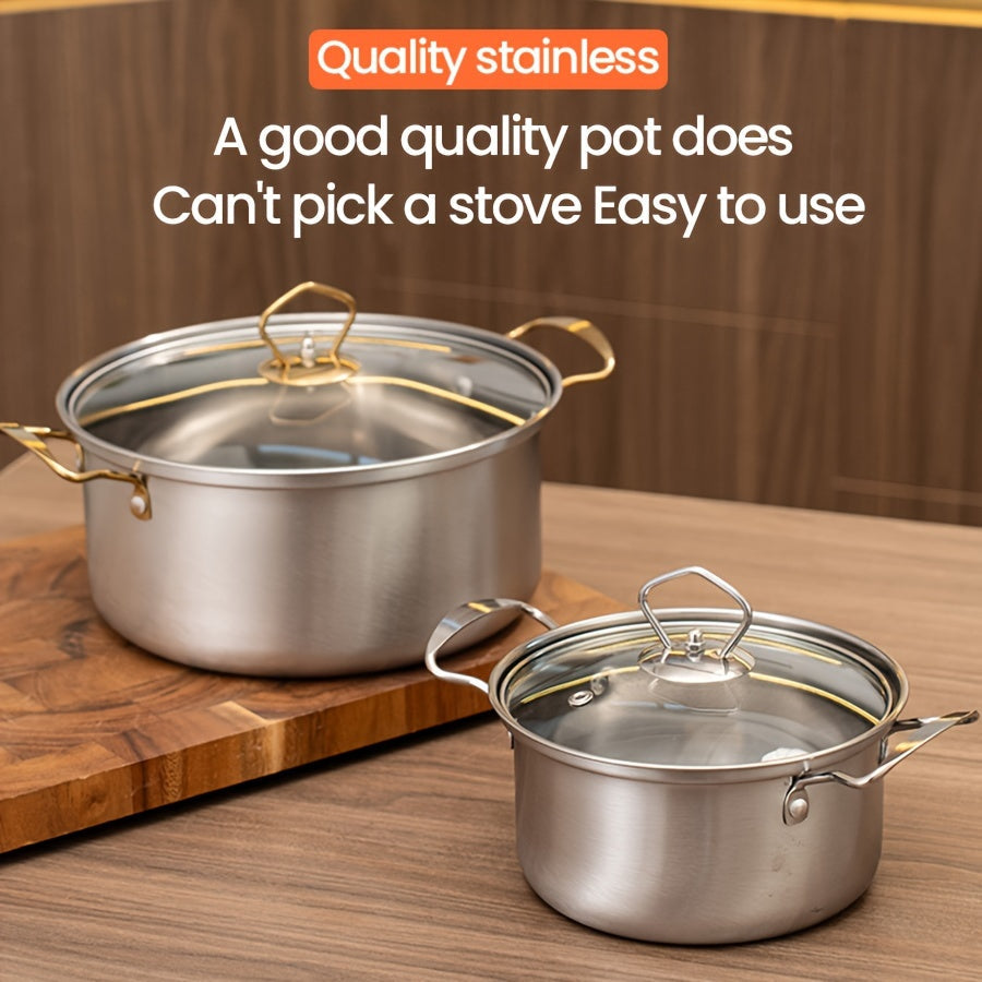 This set includes 10 stainless steel pots in various sizes (15.98cm, 17.98cm, 20.5cm, 22.2cm, and 24.18cm). Each pot comes with a matching lid, making it a total of 5 pots and 5 lids. The pots feature stainless steel double handles for easy handling and