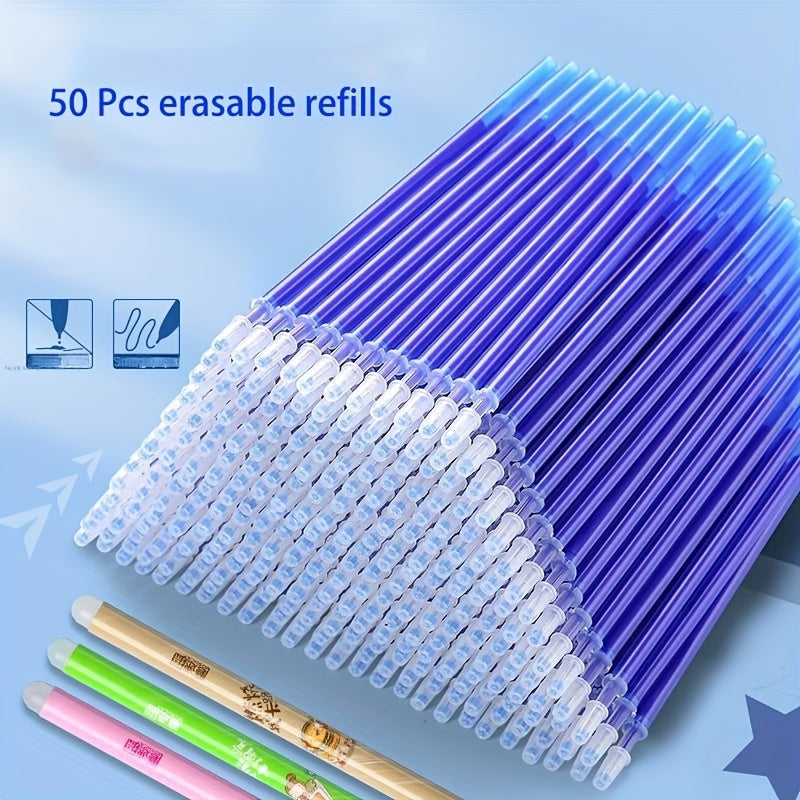 50 erasable gel pen refills, 0.5mm blue ink, washable handle, ideal for school and office writing supplies.