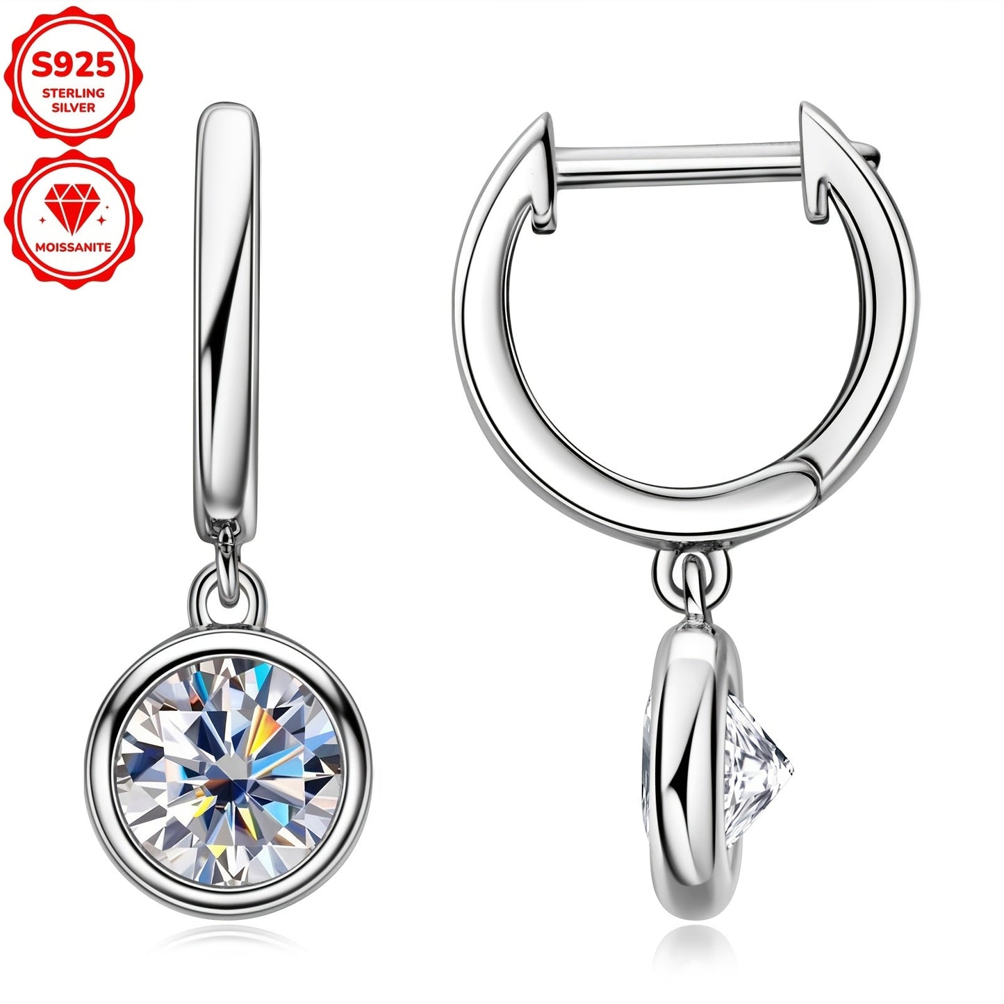 Pair of elegant Moissanite earrings with a silvery gram weight of 2.52g. Featuring two 6.5mm Moissanite stones totaling 1.0 carat each, set in 925 Sterling Silver. These round Moissanite earrings are perfect for adding a touch of glamour to any outfit