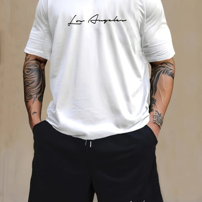 Casual 2pcs set for men, featuring Los Angeles print on a short sleeve crew neck t-shirt and knee-length shorts. Made with a comfortable blend of polyester and spandex, suitable for