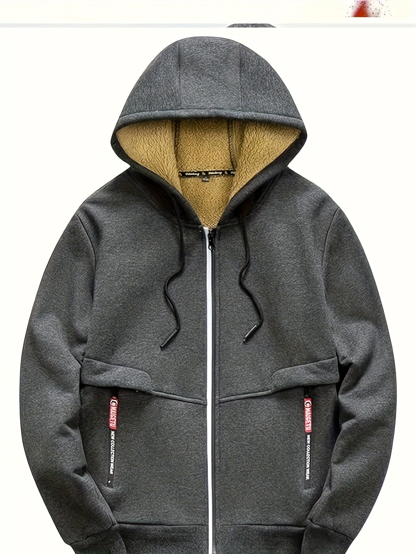 Men's hooded jacket with fleece lining, zip closure, and pockets for outdoor and training.