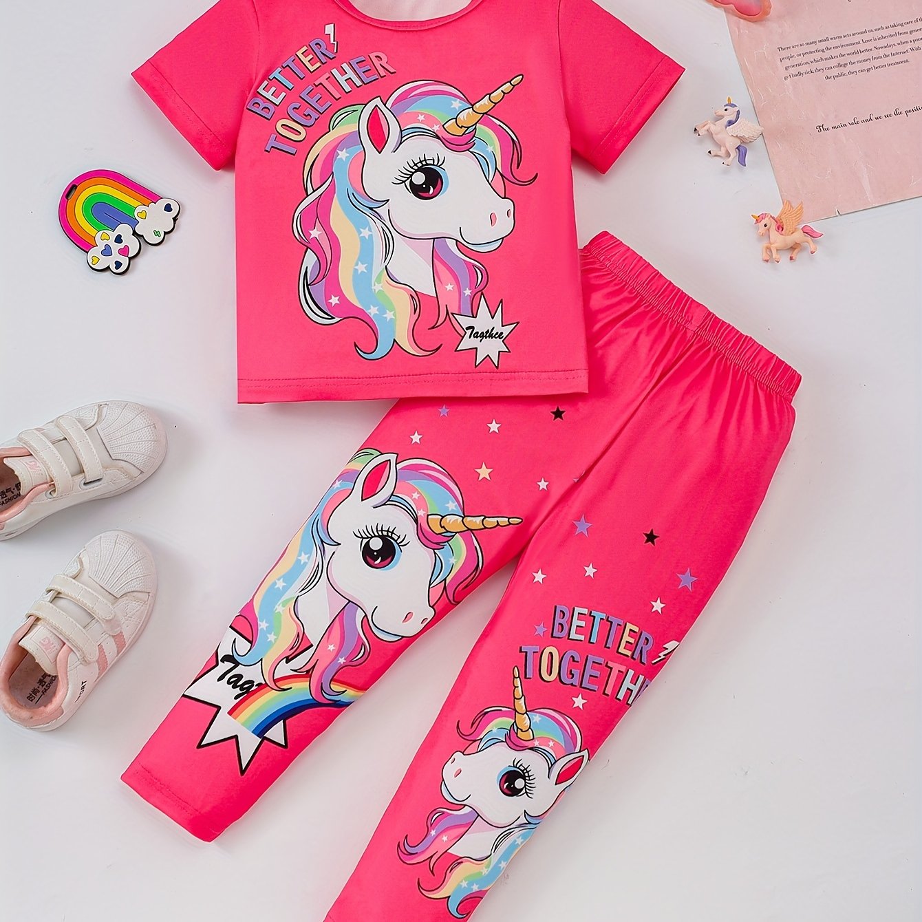 Girls' magical creature graphic t-shirt and jogger pants set. Casual outfit with animal print, regular fit, and medium stretch. Perfect for ages 3+ for outdoor activities.