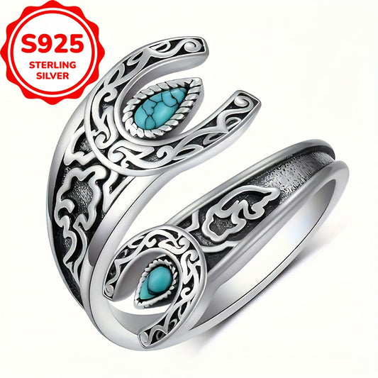 Vintage Engraved Boho-Chic Turquoise Ring - Hypoallergenic 925 Sterling Silver, Adjustable Band, Ideal Gift for Her