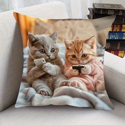 Adorable kitten print pillowcase - French style, 44.96cm x 44.96cm, machine washable, zippered closure, 100% polyester. Ideal for living room and bedroom decor (pillow insert not included).