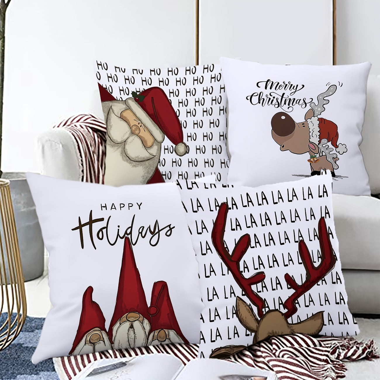 Set of 4 Christmas-themed pillowcases with various designs, 45.72cm X 45.72cm.