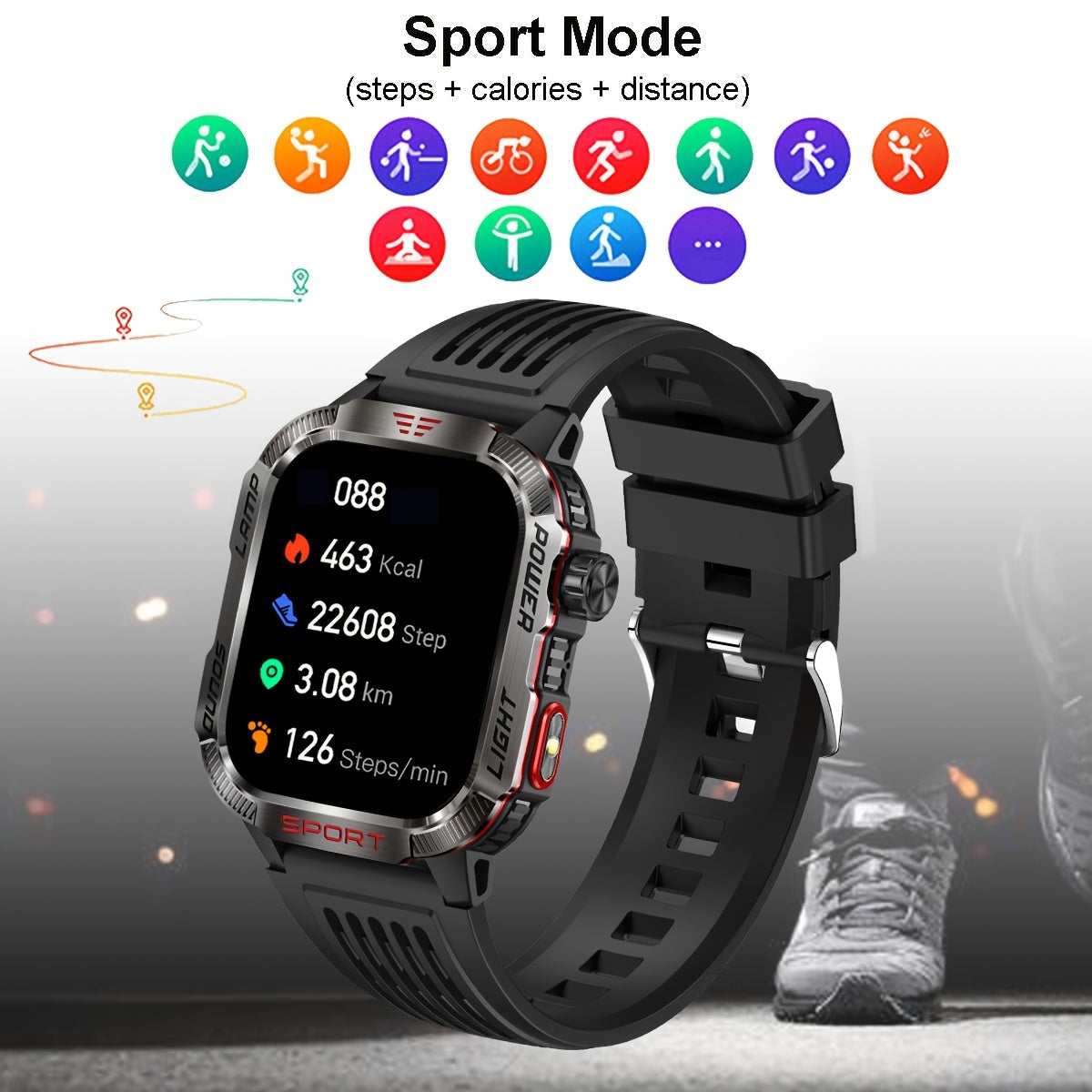 Durable outdoor smartwatch for iPhone & Android, with wireless call capabilities, LED flashlight, fitness tracking, waterproof design, and long-lasting battery.