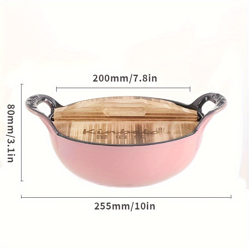 Large 47oz Enamel Cast Iron Dutch Oven with Wooden Lid - Non-Stick Coating, Great for Cooking, Baking & Storing - Perfect Present