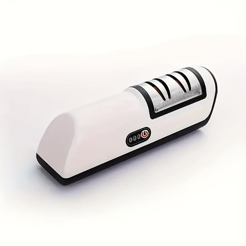 Portable and efficient electric knife sharpener with 2-speed settings. This USB rechargeable kitchen gadget automatically sharpens various knives with its built-in lithium battery. Made of durable ABS material, it is ideal for camping, picnic, and