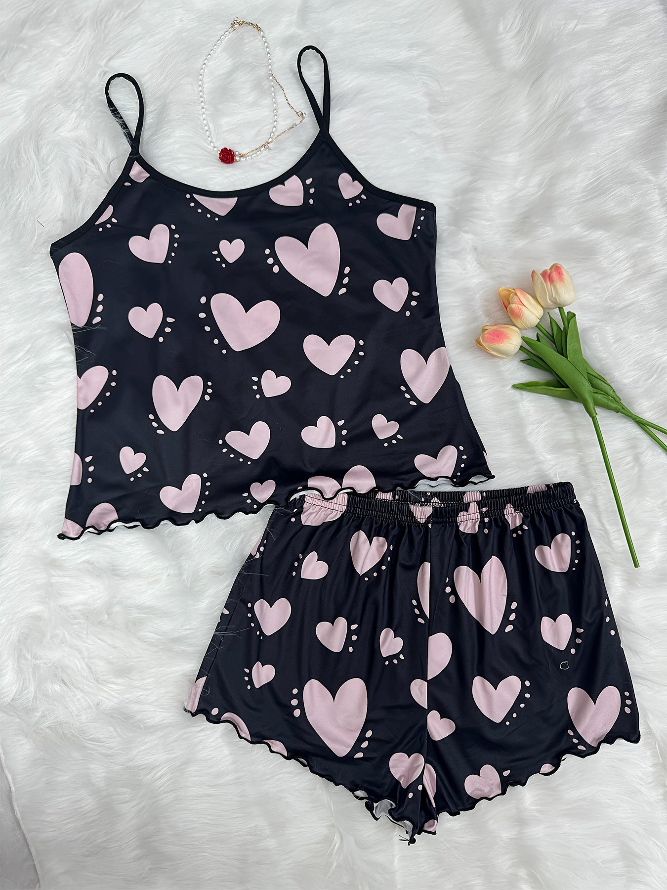 Women's heart print pajama set with lettuce trim, backless cami top, and elastic shorts for sleepwear and loungewear.