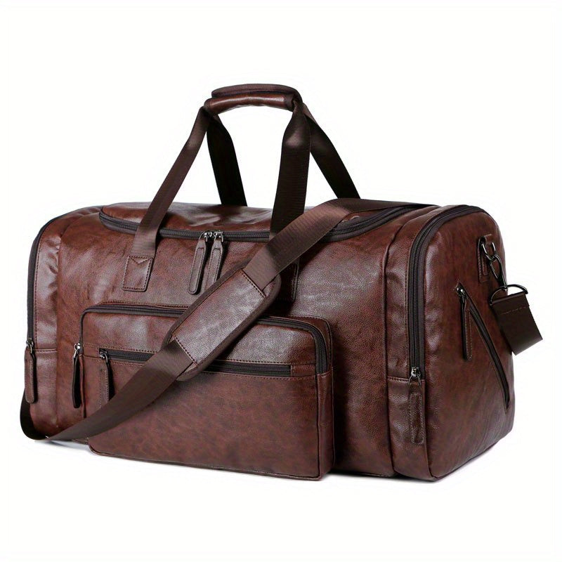 Large men's duffel bag with adjustable strap and multiple compartments, perfect for casual carry-on travel and weekend outings.