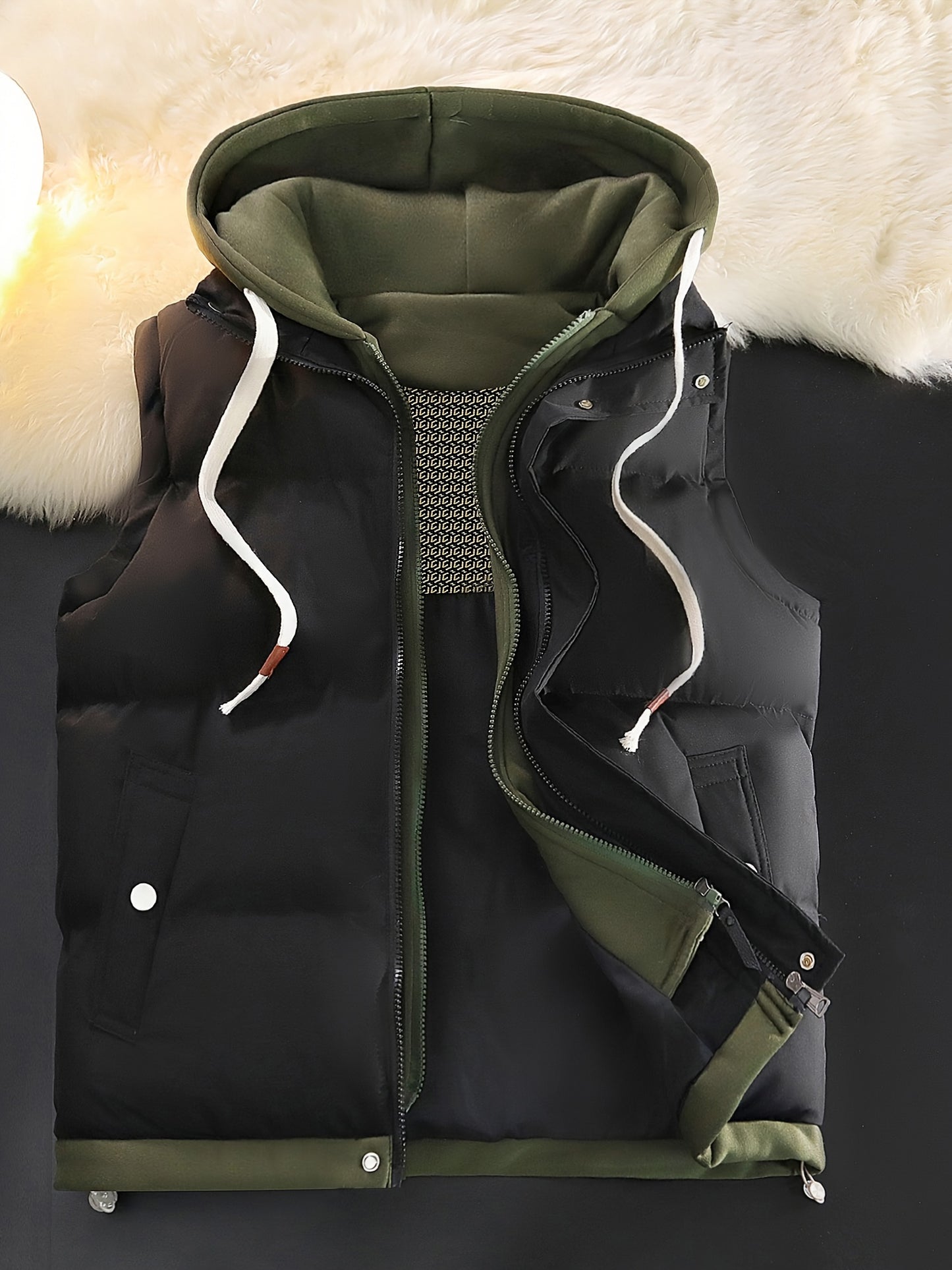 Sleeveless, hooded vest jacket with faux two-piece design for fall/winter, machine washable.