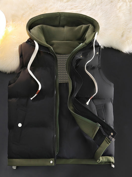 Sleeveless, hooded vest jacket with faux two-piece design for fall/winter, machine washable.