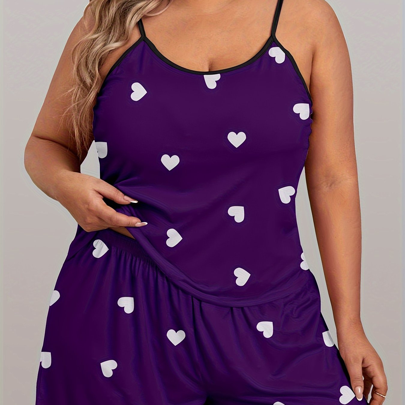 Plus size women's heart print pajama set with cami top and shorts