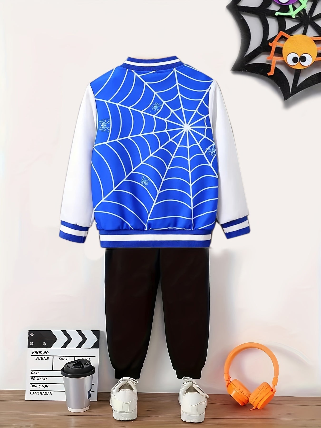 2-piece boys spider print baseball jacket and pants set, perfect for spring and autumn outdoor wear, also great as gifts