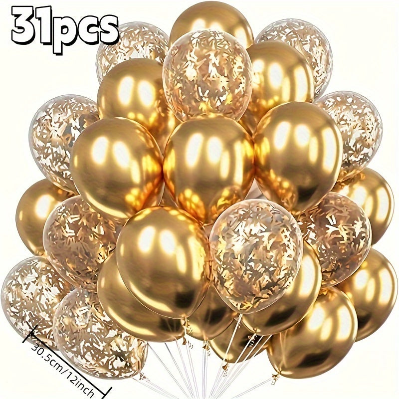 31pcs Luxe Metallic Golden Latex Balloons Set for Wedding, Birthday, Valentine's Day, and Ramadan Mubarak celebrations.