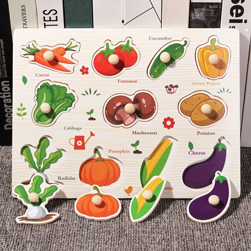 Wooden intelligence puzzle board toy that features three-dimensional puzzles to help recognize vegetables, numbers, letters, transportation vehicles, and ocean animals.