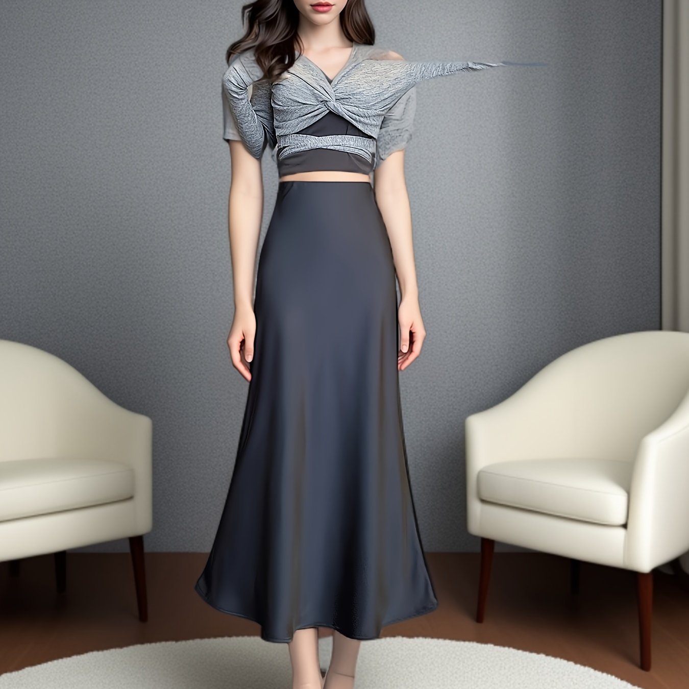 Stretchy imitation acetate satin midi skirt with fishtail design for women.