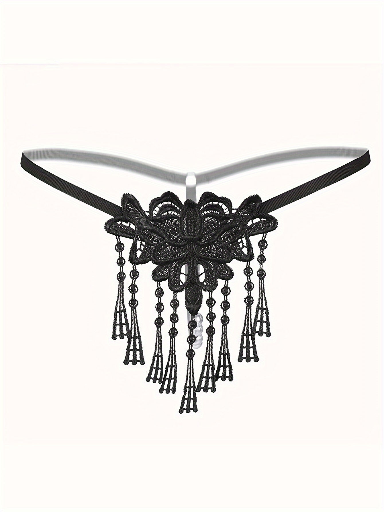 Lace thong with tassels, embroidered V-string panties for adults.