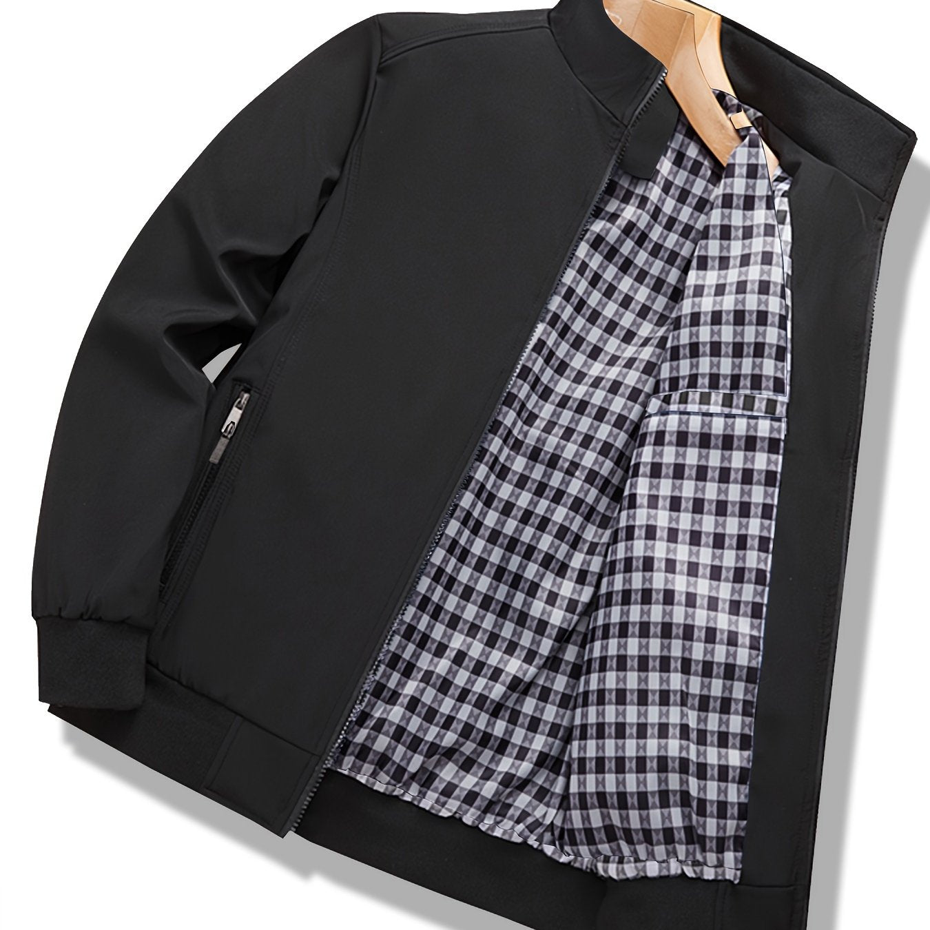 Men's Lightweight Windbreaker Jacket in Solid Gray with Checkered Detail Pocket - Casual Zip-Up with Stand Collar, made of Polyester - Ideal for Spring & Fall