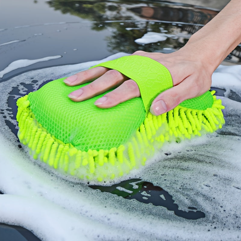 1pc Chenille Microfiber Car Wash Mitt and Waffle Drying Towel Set in Green, 9.05in*5.11in*2.75in