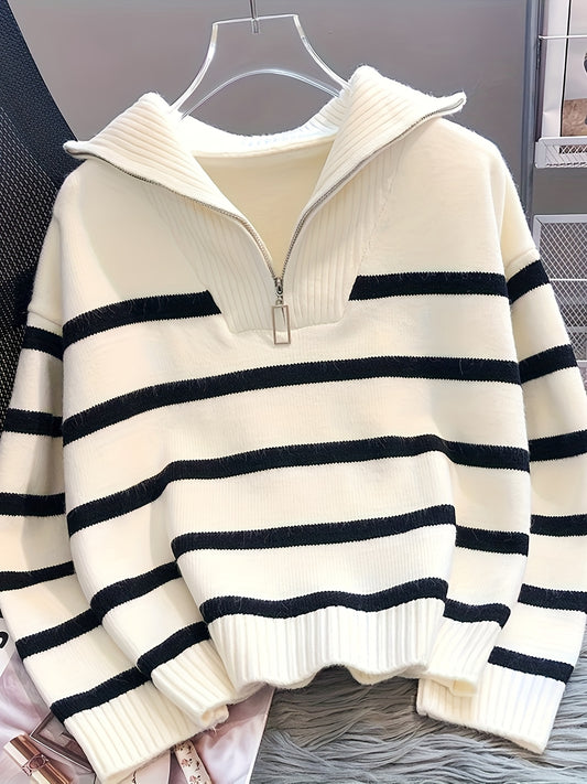 Cozy, thick zip-up sweater for women with chic stripes, perfect for spring/fall, machine washable.