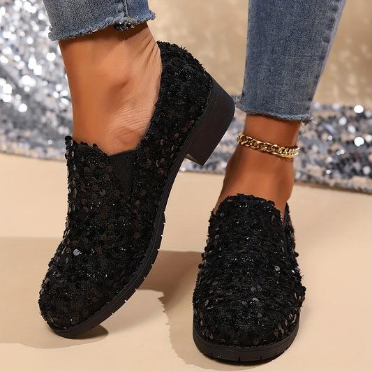 Black sequin loafers with chunky heel, breathable fabric upper, and PU sole; comfortable nurse shoes for all seasons.