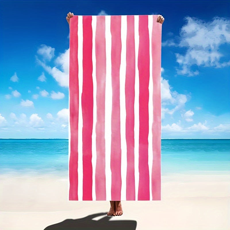 Oversized striped beach towel perfect for adventures. Made of super soft microfiber, quick-dry, sand-free, and ideal for various activities. Available in tropical blue & white. Comes in two sizes and is lightweight and absorbent.